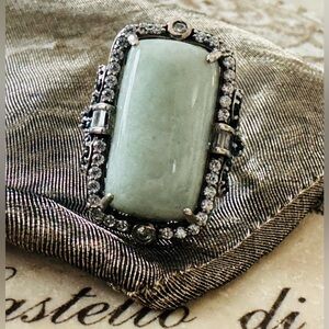 Gorgeous Green Jade With Spinel n CZ Ring - Size 7